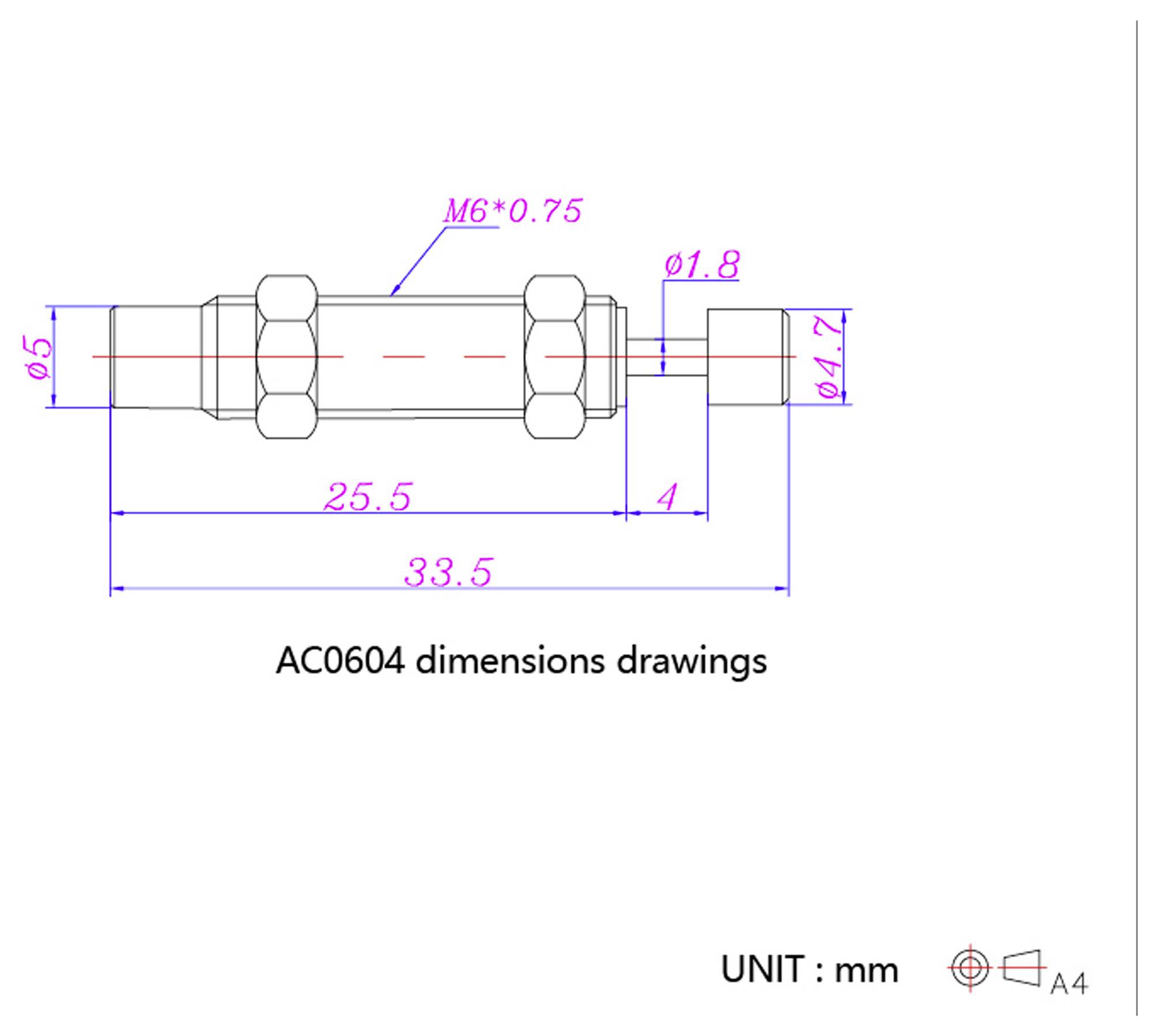 "Disegni delle dimensioni AC0604" mostra la vista laterale di una parte meccanica con dimensioni etichettate in millimetri, compresi lunghezze e diametri.