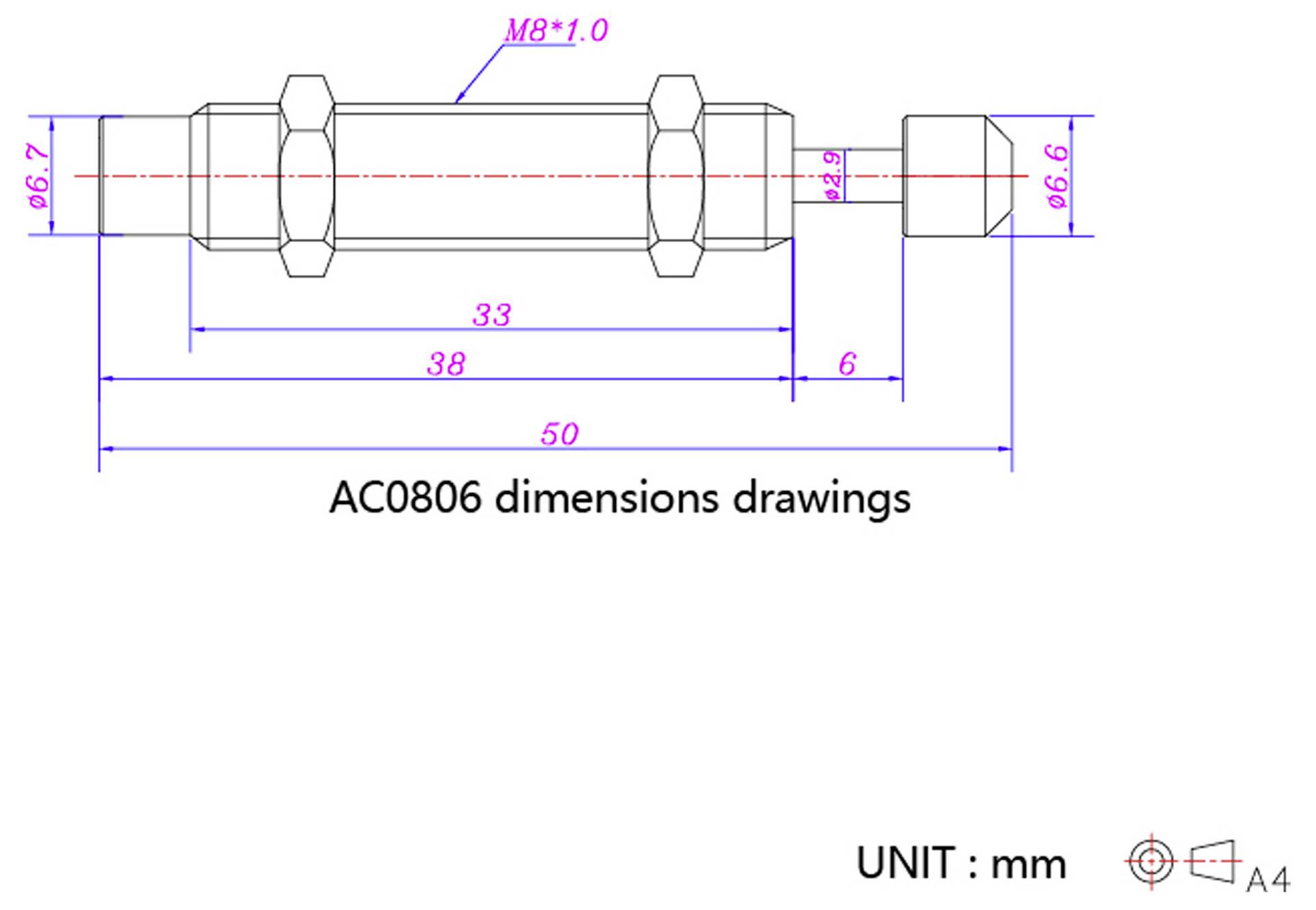 Disegni dimensionali 'AC0806' diagramma etichettato di un componente meccanico con misurazioni in mm; mostra dimensioni e dettagli di filettatura.