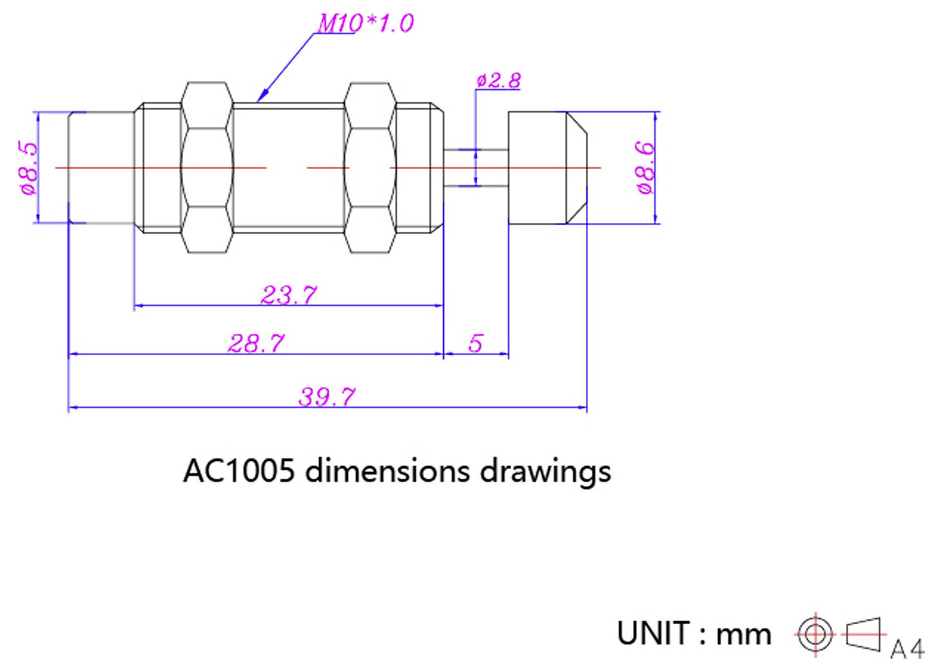 'Disegni dimensionali AC1005' che mostrano un oggetto cilindrico con varie misurazioni etichettate in millimetri.