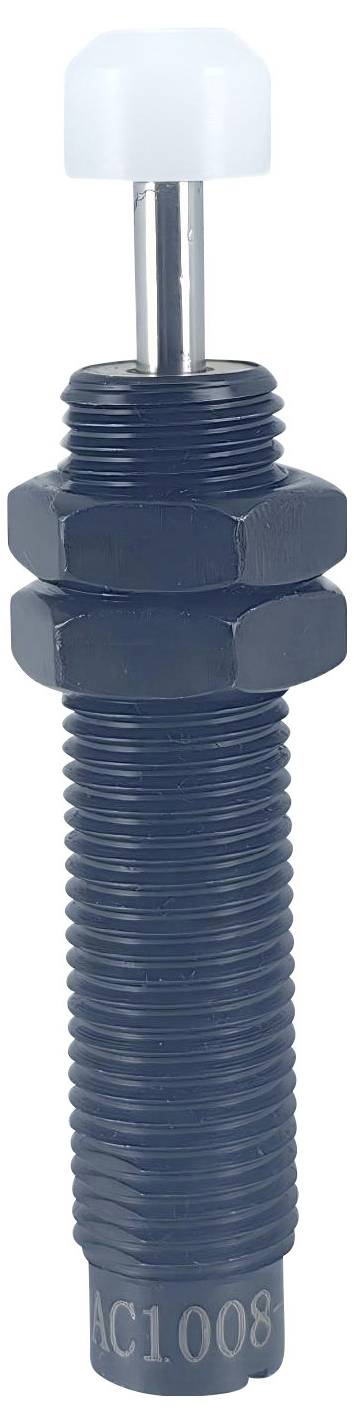 Un ammortizzatore industriale cilindrico blu con un tappo bianco e il codice "AC1008" alla base, utilizzato in applicazioni di macchinari.