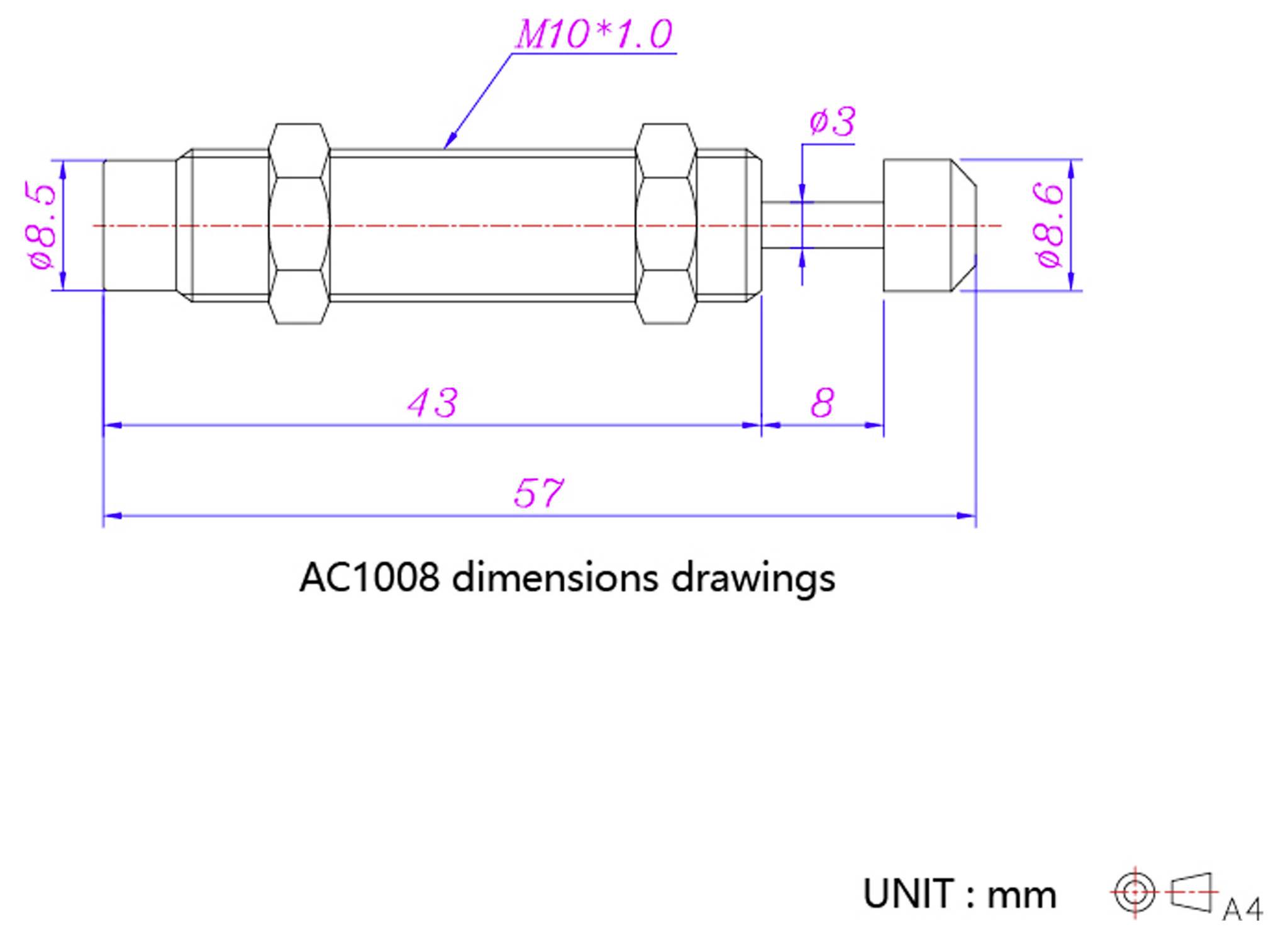 'Disegni dimensionali AC1008': Parte meccanica con filettatura M10*1.0, lunghezza totale 57 mm, multiple misure di diametro etichettate in mm.