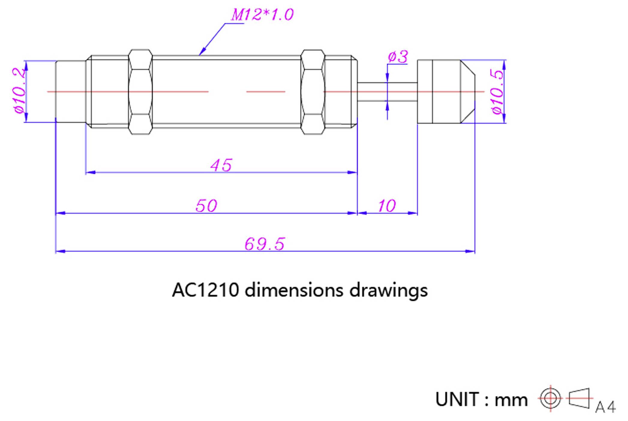 Il disegno dimensionale "AC1210" mostra un oggetto cilindrico con misure precise: lunghezza 69,5 mm, diametro 10,2 mm, sezione filettata M12*1,0.