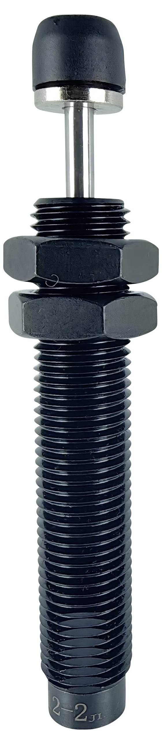 Un ammortizzatore industriale nero con corpo a costolature e asta metallica, progettato per assorbire gli urti nei macchinari o nei sistemi meccanici.