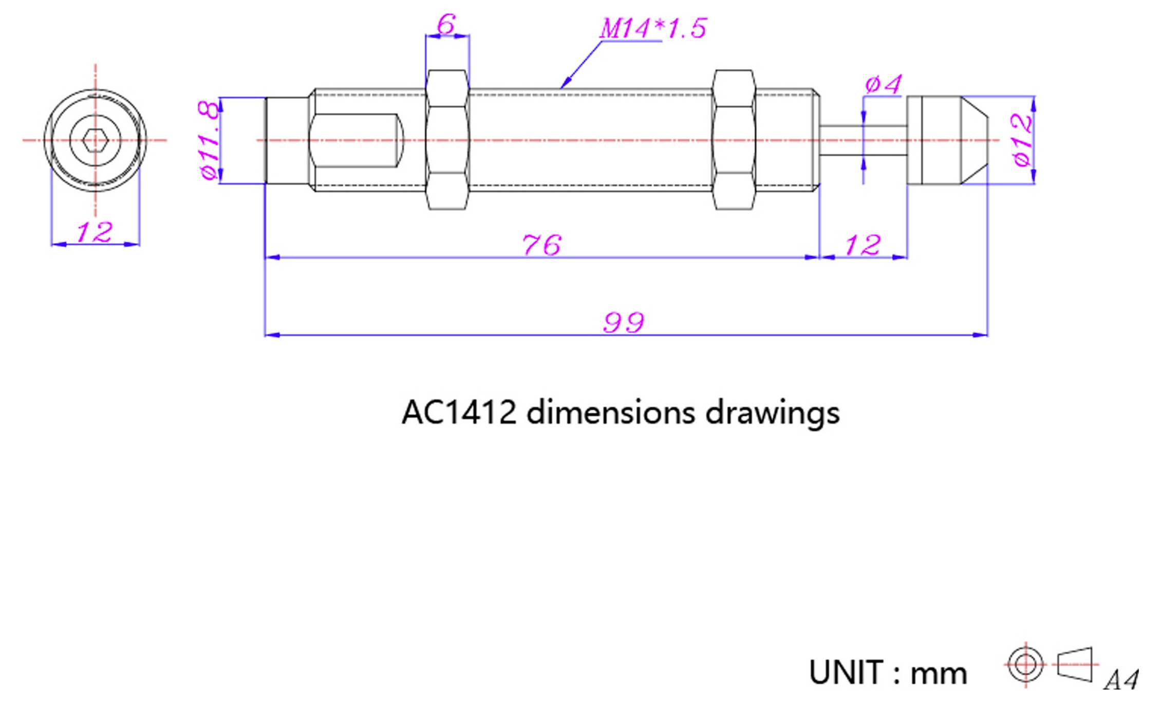 Disegno delle dimensioni "AC1412", mostra viste frontali e laterali con misure: diametro 12, corpo 76 mm, lunghezza totale 99 mm, filettatura M14*1,5.