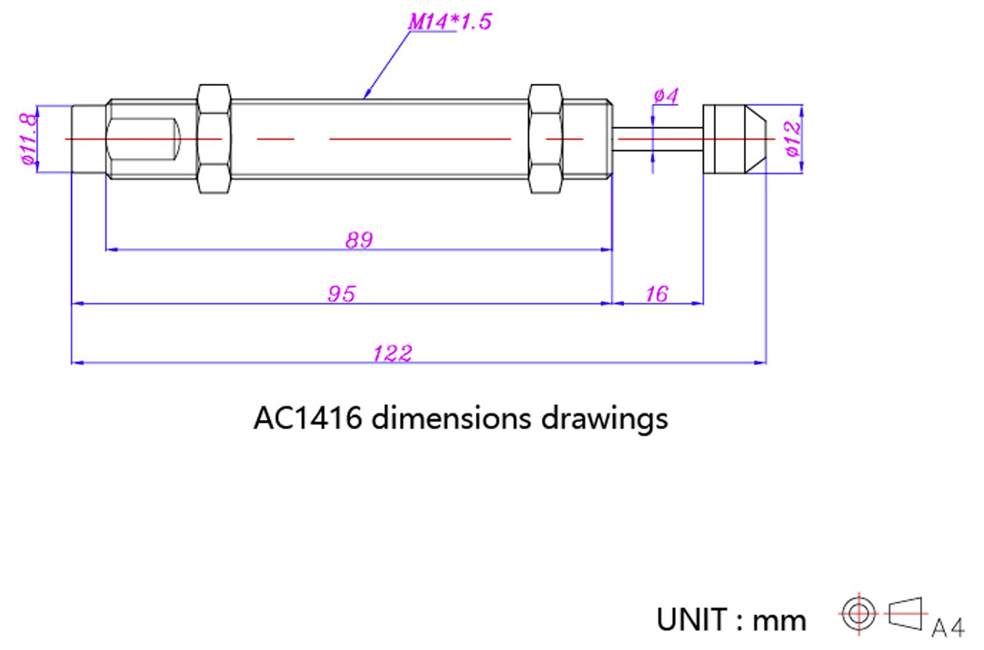 'Un disegno tecnico di AC1416, che mostra le dimensioni in millimetri con misurazioni etichettate per lunghezza, larghezza e dettaglio dei bulloni.'