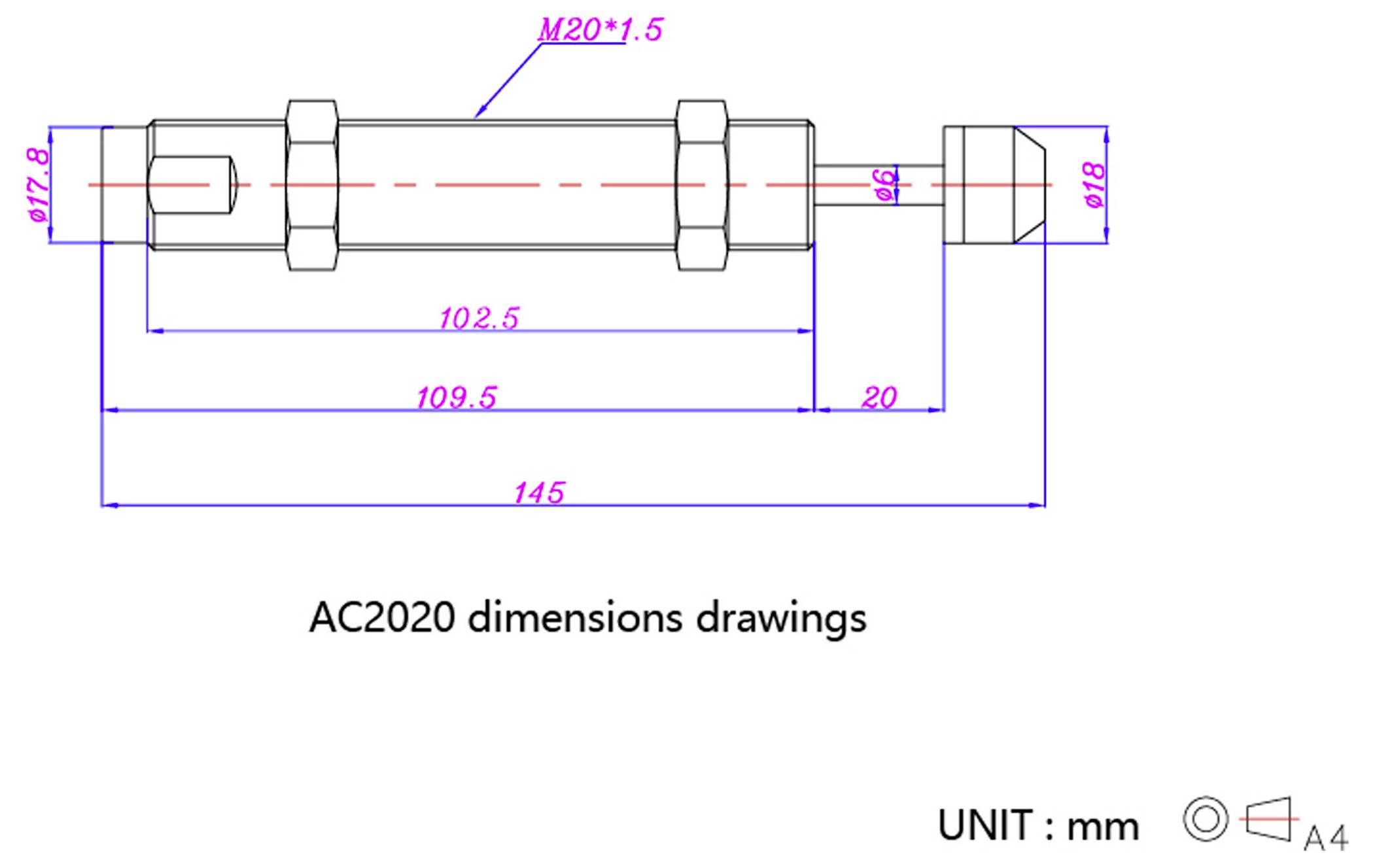 Disegni delle dimensioni 'AC2020' che mostrano un componente meccanico con dimensioni contrassegnate: M20*1, lunghezza 145mm, corpo 109,5mm, diametro 17,8mm.