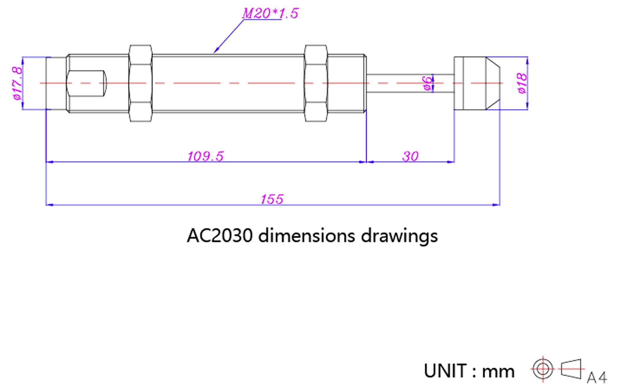 I disegni delle dimensioni 'AC2030' mostrano un diagramma lineare contrassegnato con lunghezze: 30, 109,5, 155 mm. Include dettagli come M20x1,5 e Ø17,8 mm.
