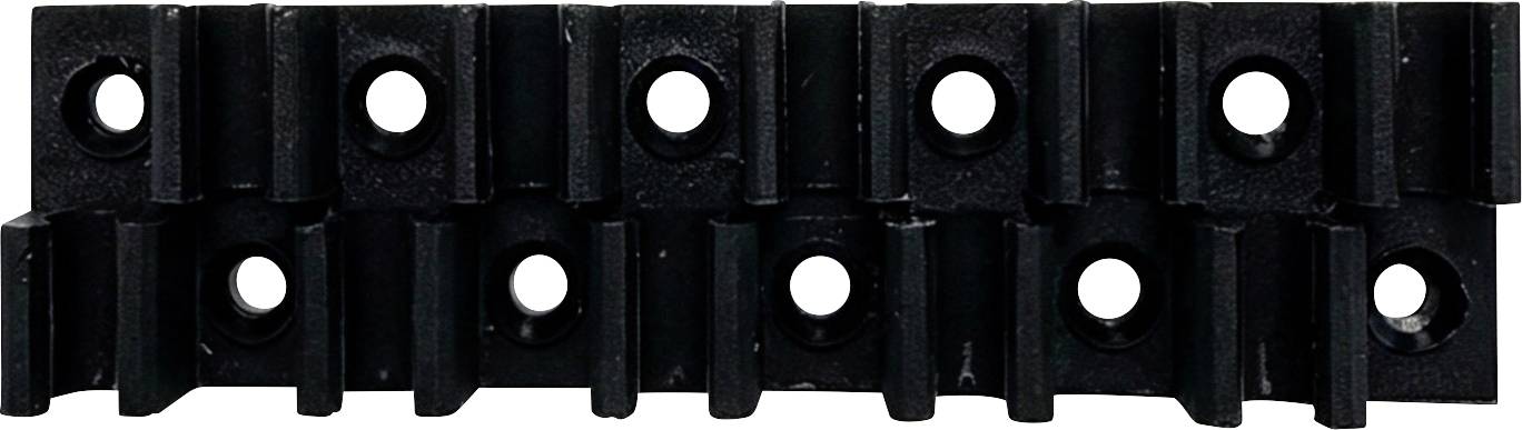 Striscia di plastica nera con fessure con due file di fori di montaggio circolari, mostrata su uno sfondo bianco.