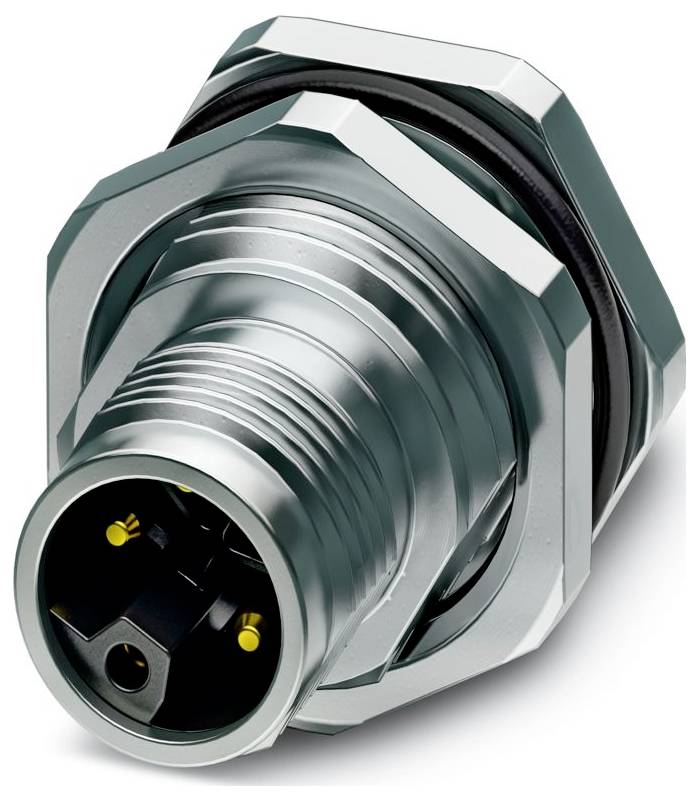 Un connettore elettrico in metallo argentato con tre pin dorati e un involucro filettato, utilizzato per connessioni di cavi sicure nei dispositivi elettronici.