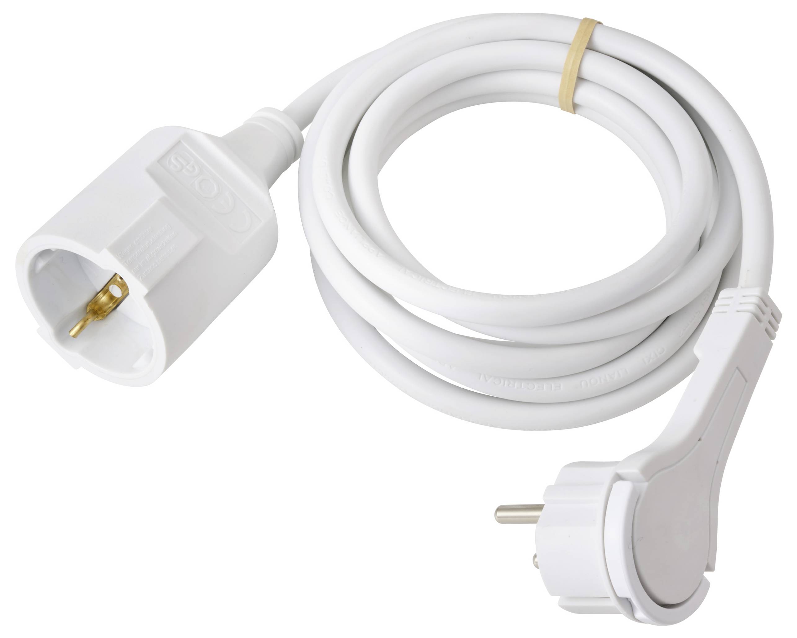 Un cavo di prolunga elettrico bianco arrotolato con spina e presa di tipo europeo, equipaggiato per apparecchi ad alta potenza.