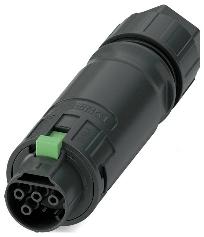 Un connettore elettrico cilindrico nero con più pin e un meccanismo di bloccaggio verde, utilizzato per connessioni di cavi robusti.