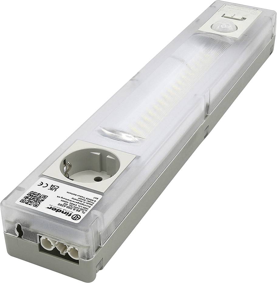 Un apparecchio di illuminazione a LED con coperchio trasparente e presa di alimentazione integrata, progettato per l'illuminazione sotto i mobili o degli spazi di lavoro.