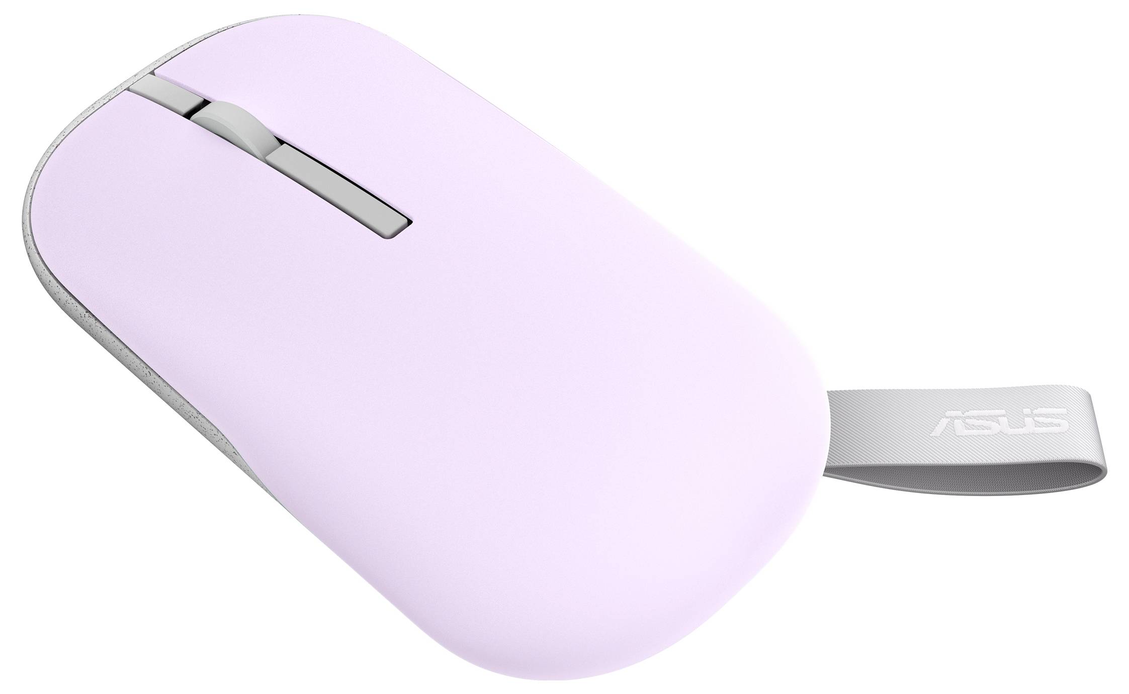 Un mouse per computer color rosa pastello con una rotella di scorrimento argento e un cinturino allegato con il logo 'ASUS'.