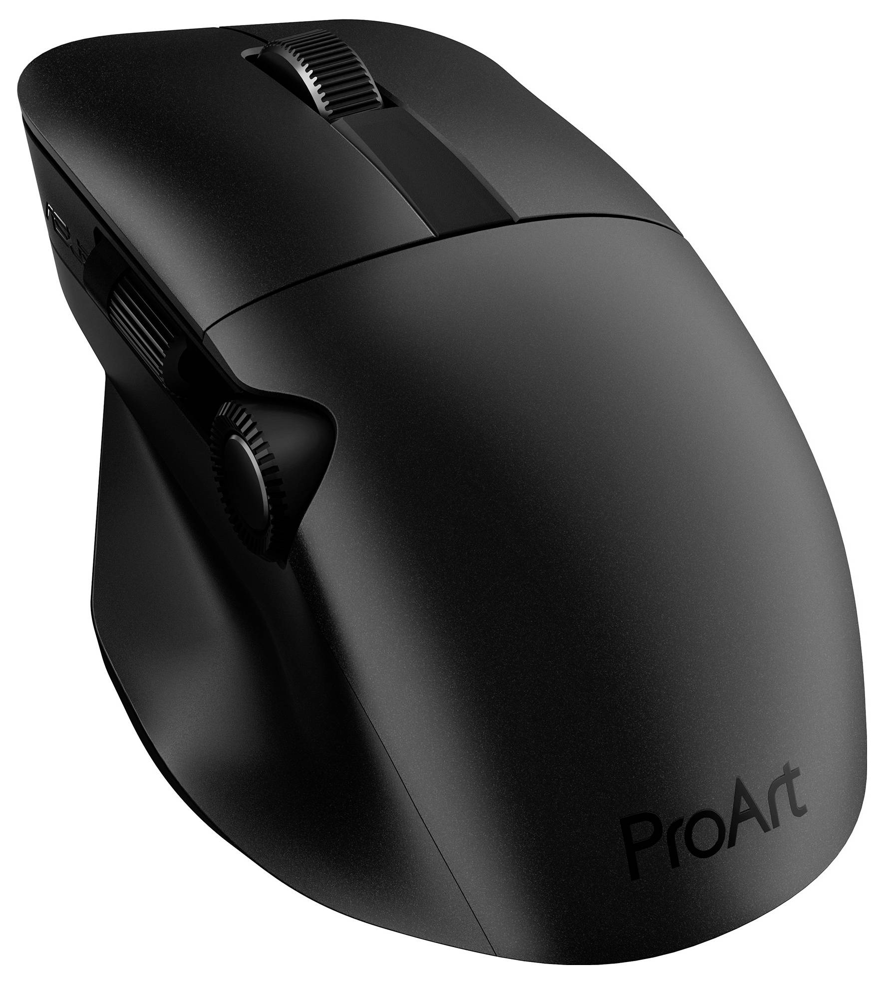 Un mouse nero elegante con una rotella di scorrimento orizzontale e la parola 'ProArt' stampata su di esso, progettato per un comfort ergonomico.