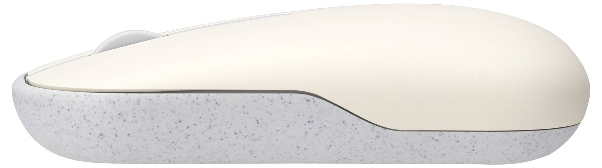 Una vista laterale di un mouse wireless bicolore con parte inferiore grigia screziata e parte superiore liscia color beige.
