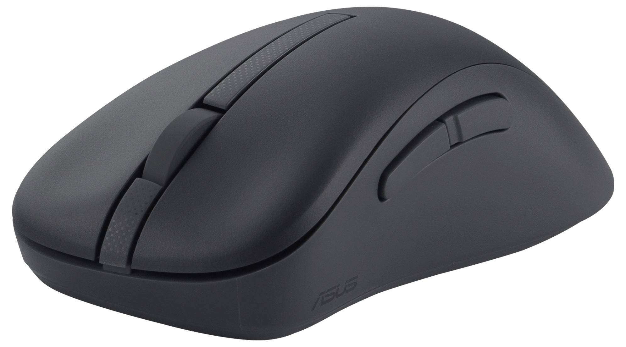 Un mouse nero per computer con una rotella di scorrimento e due pulsanti sulla parte superiore, dotato di un pulsante laterale per funzionalità aggiuntive.