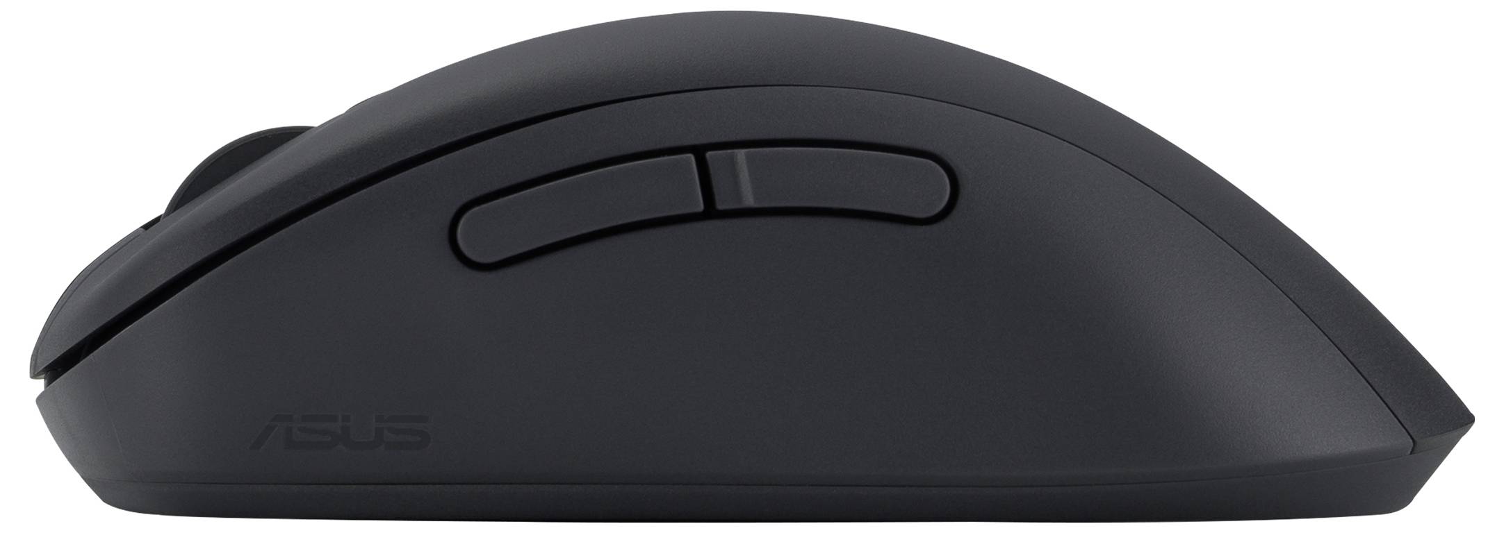 Un mouse nero con vista laterale che mostra due pulsanti aggiuntivi sul lato.