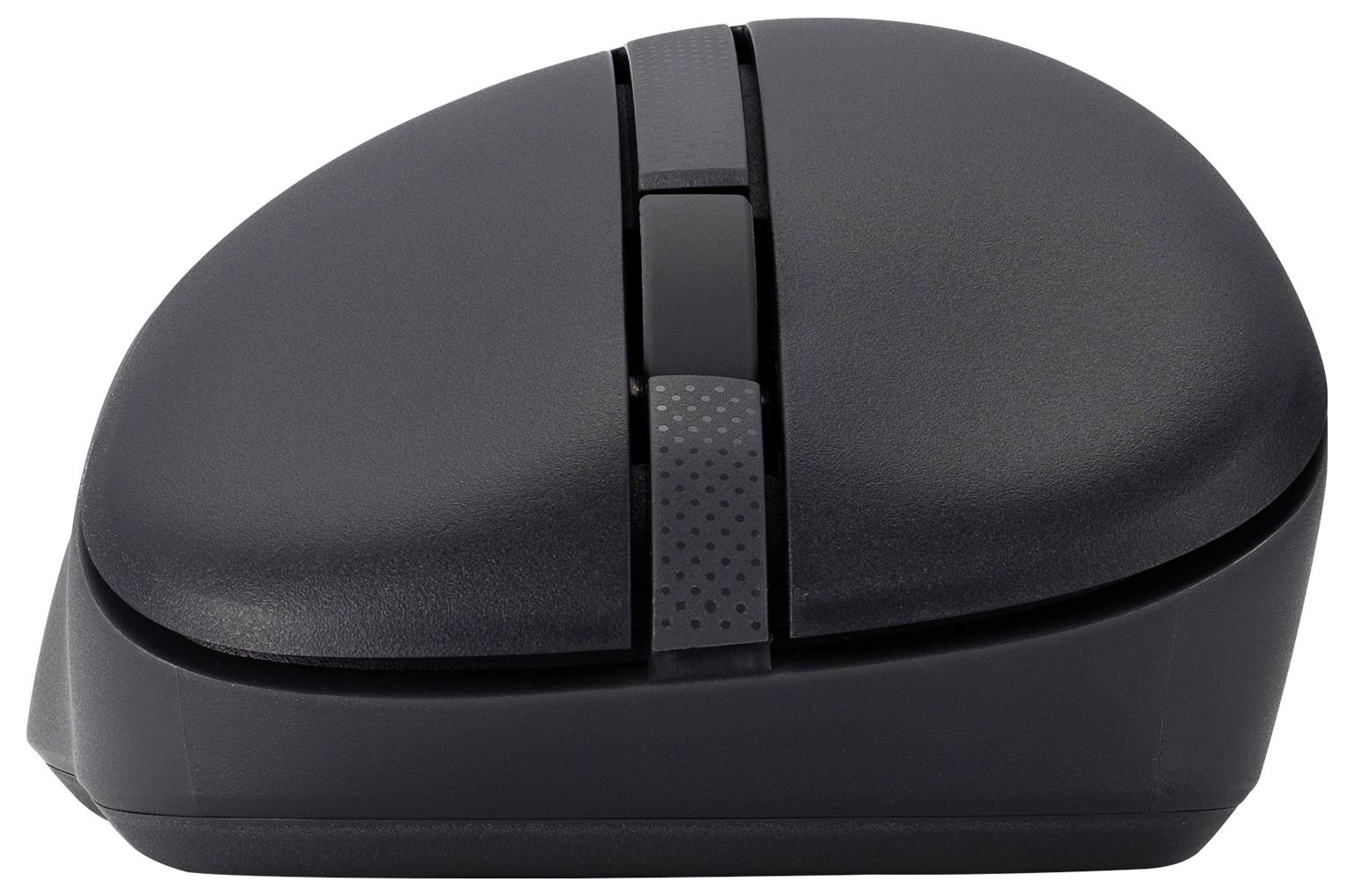 Un mouse wireless ergonomico nero, progettato con una forma verticale per ridurre l'affaticamento del polso, visto di lato.