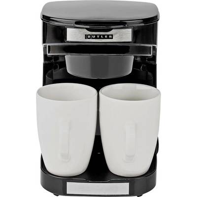 Una macchina da caffè nera con etichetta 'OUTLER' sta preparando contemporaneamente due tazze bianche, suggerendo una funzione di preparazione doppia.