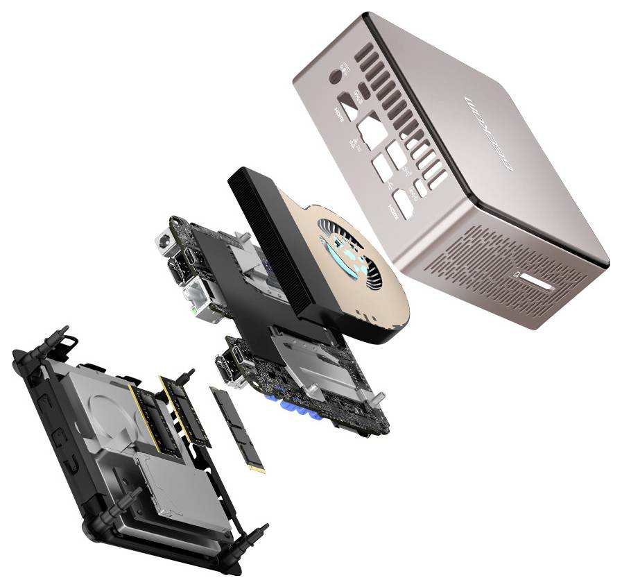 Vista esplosa di un mini PC, che mostra il guscio esterno, la ventola e i componenti interni come la scheda madre e lo storage, illustrando l'assemblaggio.
