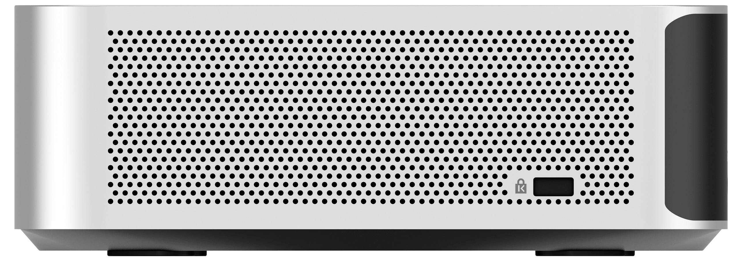 Un dispositivo elettronico argentato con un pannello frontale forato, un piccolo pulsante rettangolare e un simbolo di blocco, probabilmente un computer o un server.