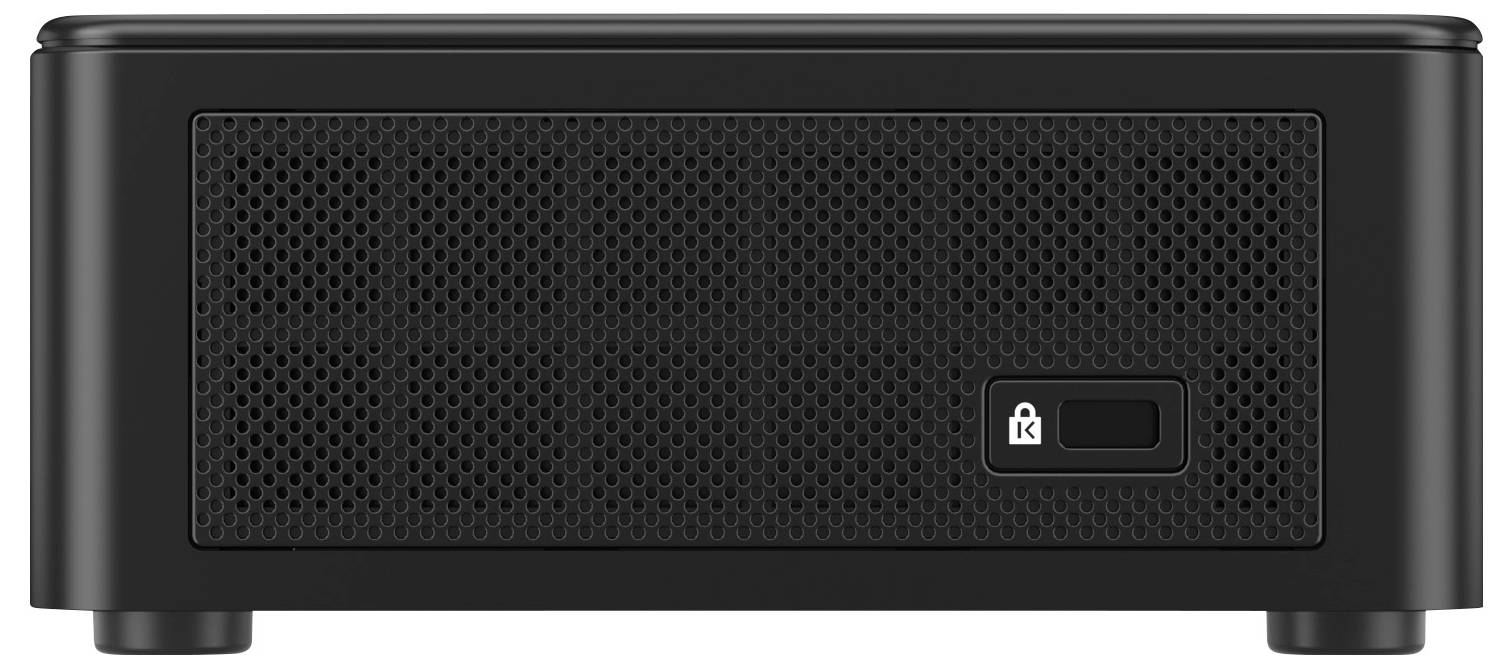 Un piccolo dispositivo elettronico nero con un pannello frontale a rete e un simbolo di lucchetto, che implica funzionalità di sicurezza. Adatto all'uso su desktop.