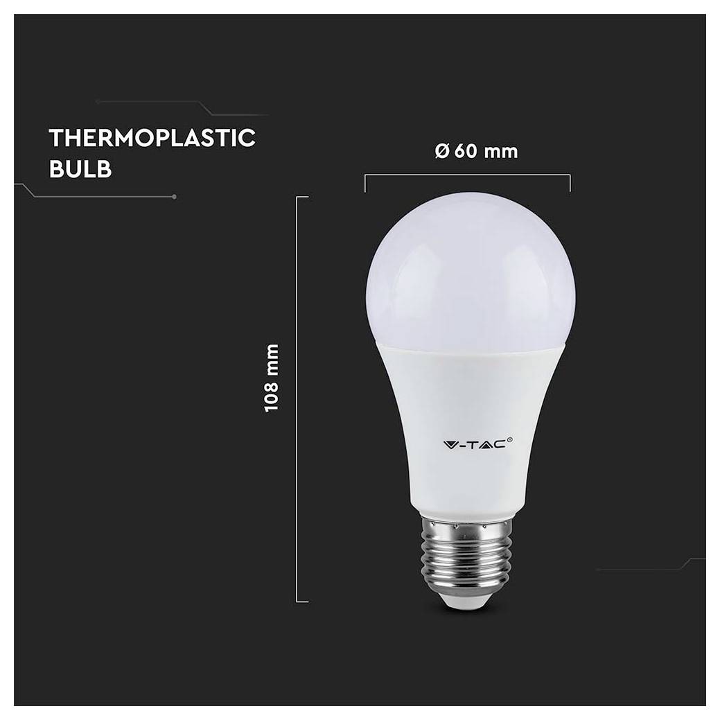 'BULBO TERMOPLASTICO' con dimensioni: 108 mm di altezza, 60 mm di diametro. Bulbo sferico bianco su sfondo nero.