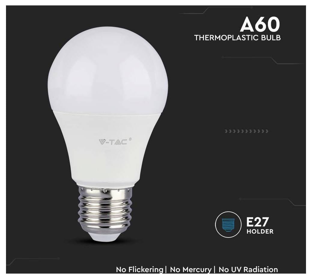 'Immagine di una lampadina a LED termoplastica V-TAC A60 con attacco E27. Testo in evidenza: Nessuno sfarfallio, nessun mercurio e nessuna radiazione UV.'