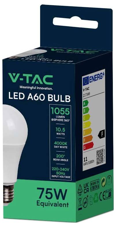 Confezione di lampadina LED V-TAC A60 con classe energetica 'F', 1055 lumen, 10,5 watt, luce 4000K, ingresso 220-240V, equivalente a 75W.