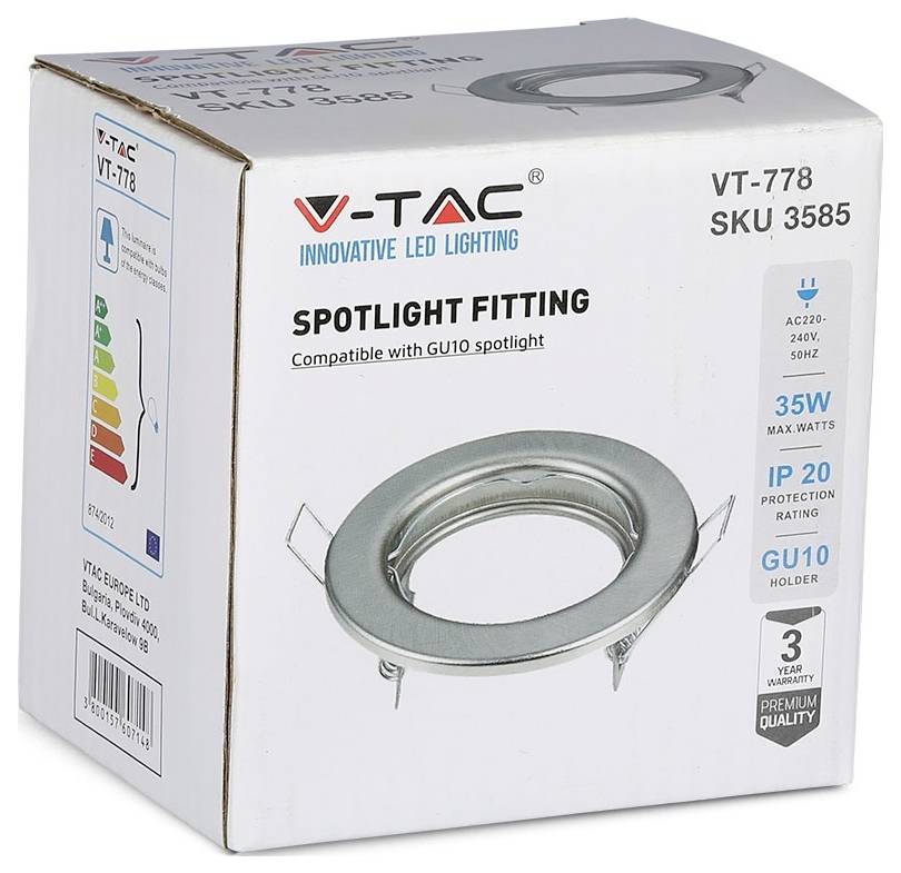 Scatola per supporto spotlight V-TAC, modello VT-778, compatibile con lampadina spotlight GU10. Caratteristiche incluse: potenza massima 35W, grado di protezione IP20, garanzia di 3 anni.