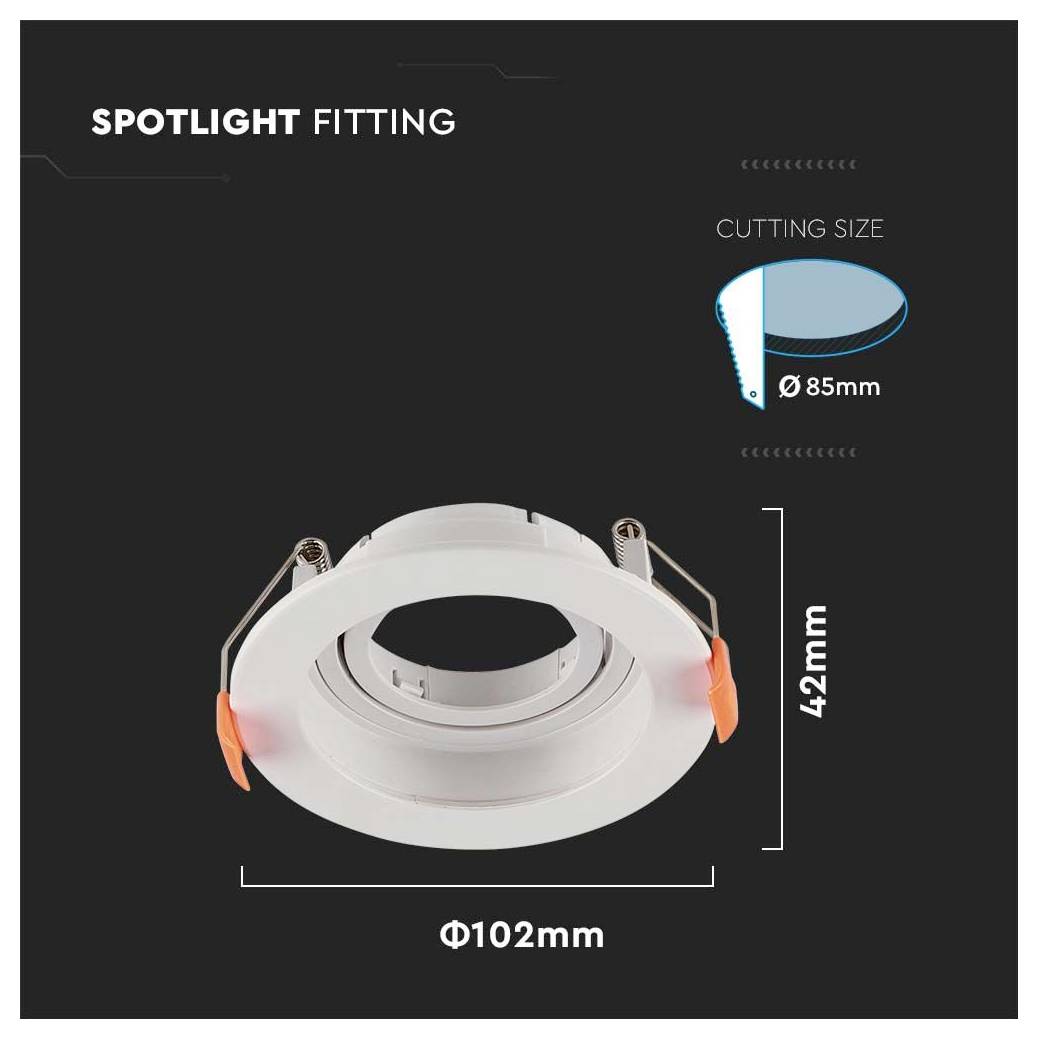 Supporto per faretto con diametro di 102 mm e altezza di 42 mm. Dimensione di taglio richiesta è 85 mm.