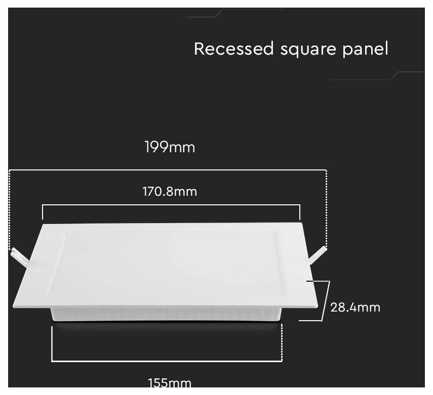 'Pannello quadrato incassato' diagramma che mostra le dimensioni: 199 mm di larghezza, 170,8 mm di larghezza interna, 155 mm di base e 28,4 mm di altezza.