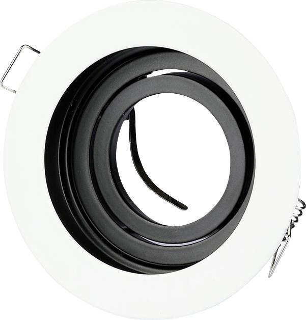 Plafoniera rotonda con anello esterno bianco e interno nero regolabile, dotata di molla di fissaggio per l'installazione.