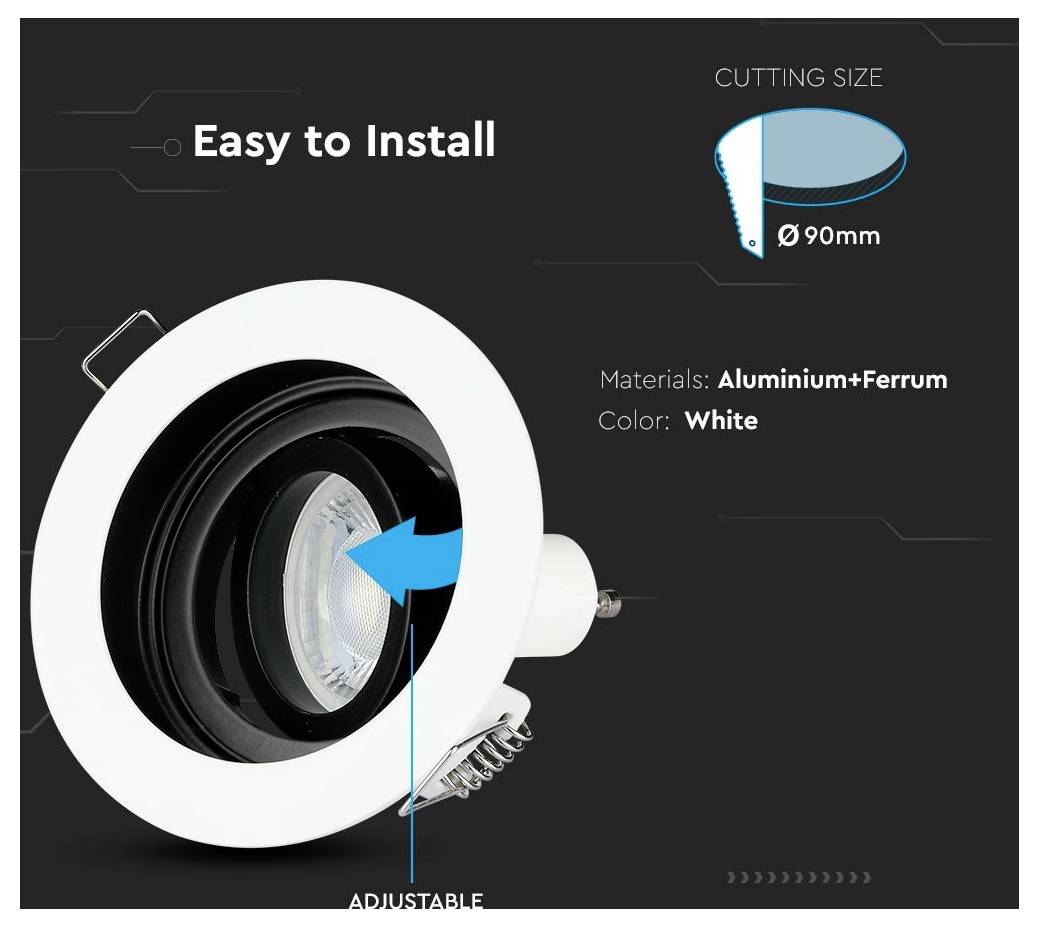 "Intitolata "Facile da Installare", l'immagine mostra un dispositivo di illuminazione da incasso regolabile. È realizzato in alluminio e ferro, con colore bianco. La dimensione di taglio è di 90 mm."