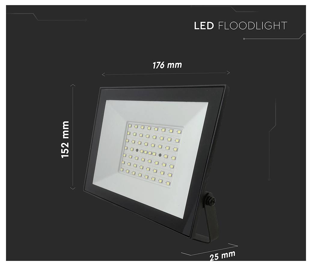 'Proiettore LED' con immagine che mostra le dimensioni del prodotto: larghezza 176 mm, altezza 152 mm, profondità 25 mm. Il dispositivo presenta molteplici piccole lampadine LED.