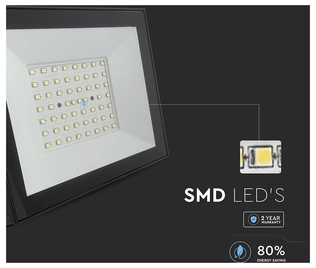 'Pannello LED SMD' con icona di garanzia di 2 anni e badge di risparmio energetico dell'80%. Primo piano del chip LED.