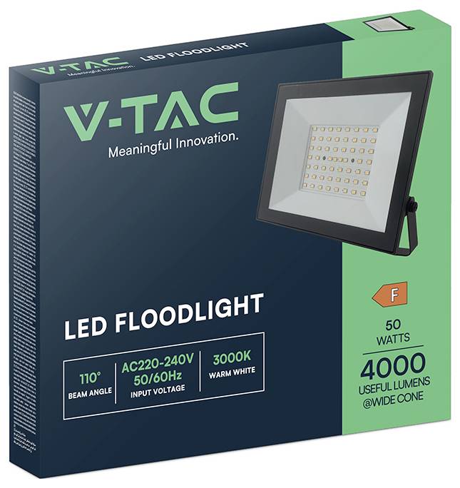 Scatola per faro a LED V-TAC, 50 watt, 4000 lumen, angolo di illuminazione 110°, bianco caldo 3000K. Include classificazione di efficienza energetica 'F'.