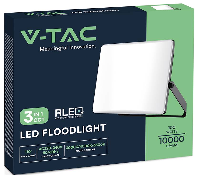 Scatola con 'Proiettore LED V-TAC', 3 opzioni CCT, 100 watt, 10.000 lumen. Caratteristiche incluse: angolo del fascio: 110°, tensione: AC220-240V.