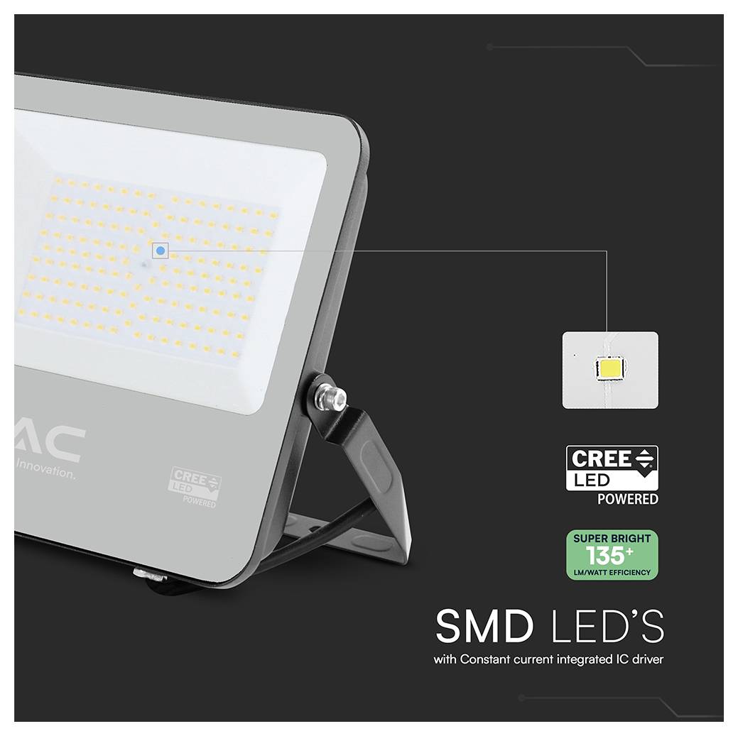 'Proiettore LED con supporto regolabile, che mostra LED SMD. Le caratteristiche includono un chip LED Cree e un angolo di illuminazione ampio di 135°.'