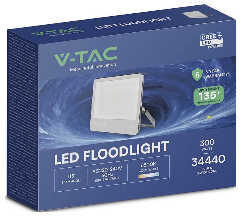 Scatola di proiettore LED. Le caratteristiche includono: 300 watt, angolo di fascio di 115°, AC220-240V, 50Hz, bianco freddo 6500K, 34440 lumen, garanzia di 6 anni.