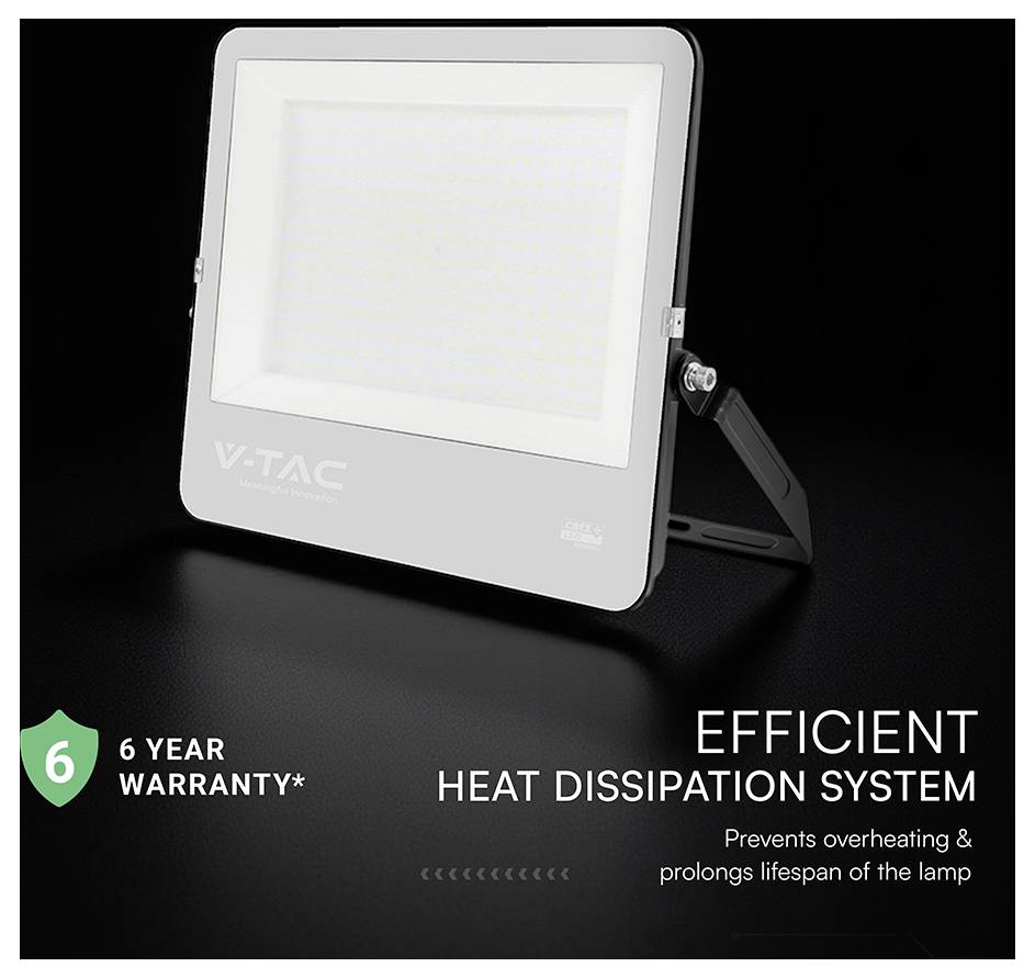 Un faretto LED nero e argento con marchio "V-TAC", caratterizzato da "Sistema di Dissipazione del Calore Efficiente" e "Garanzia di 6 Anni" sul lato.