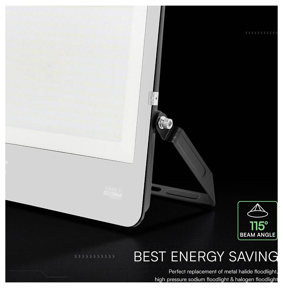 Proiettore LED 'RISPARMIO ENERGETICO MASSIMO' con angolo di fascio di 115°, posizionato su un supporto orientabile nero. Contenuto in fibre e specifiche tecniche annotate.