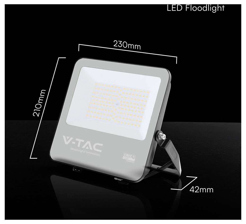 Un'immagine di un proiettore LED V-TAC con dimensioni indicate: 230 mm di larghezza, 210 mm di altezza e 42 mm di profondità.