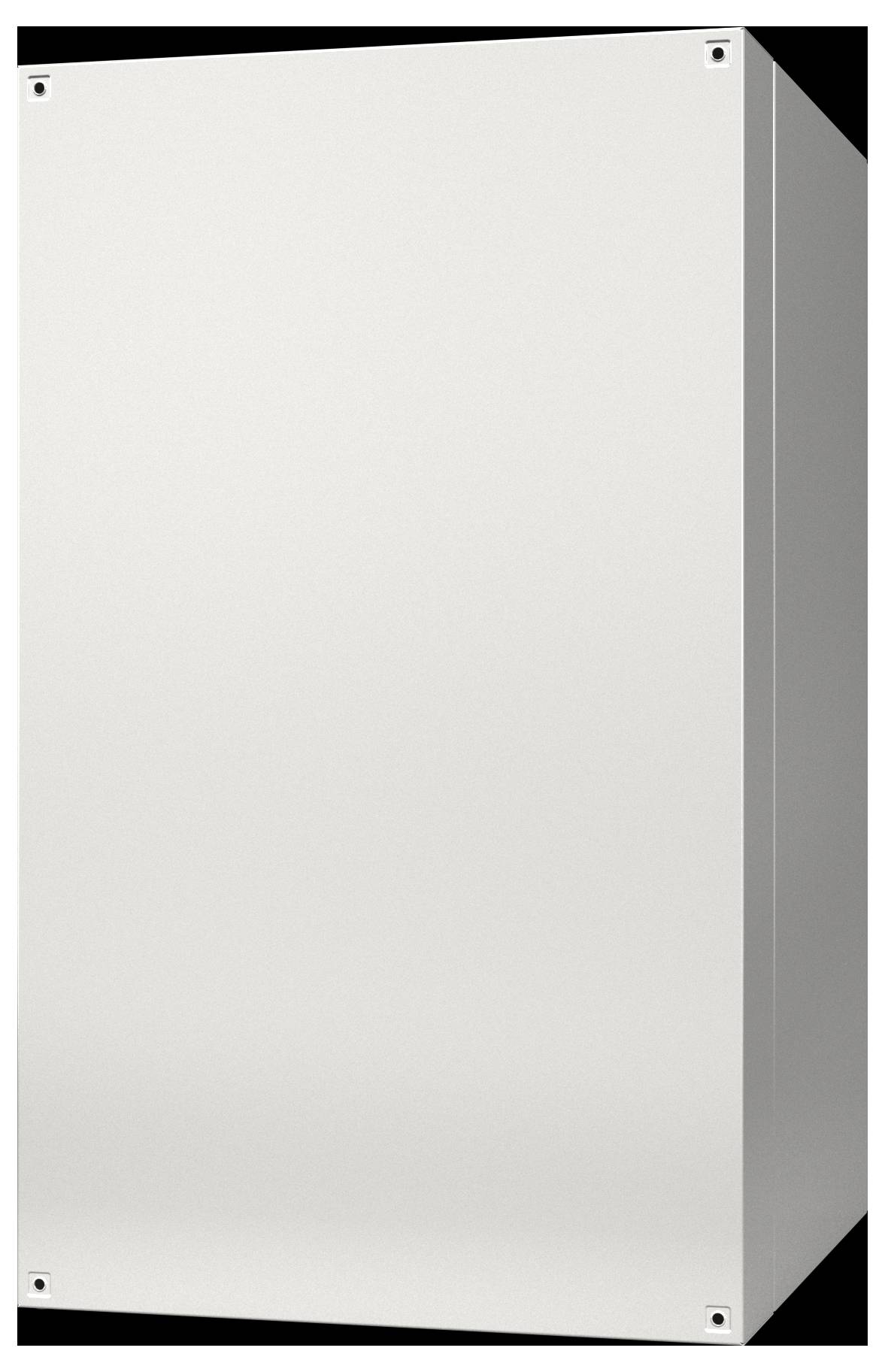 Un armadietto metallico bianco, liscio, rettangolare con viti visibili in ciascun angolo, visto su uno sfondo neutro.