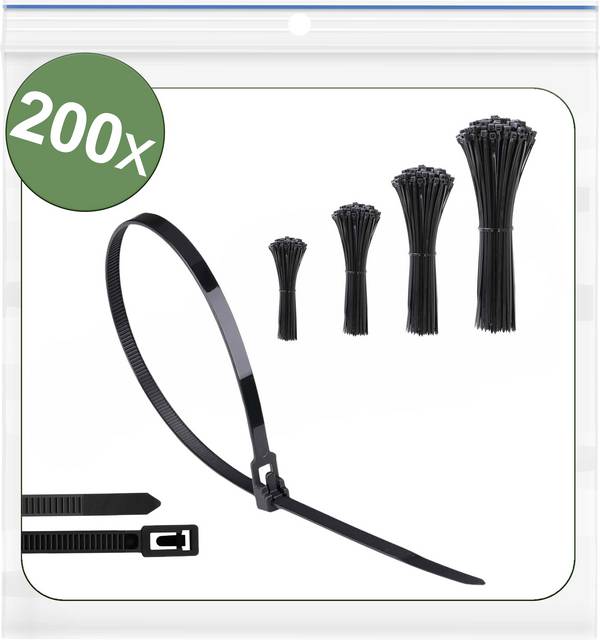 Quadrios 25CA704 25CA704 Fascetta per cavi 150 mm, 200 mm, 250 mm, 300 mm 5 mm Nero riutilizzabili, con chiusura a leva, Stabilizzato ai raggi UV, resistente alle intemperie 200 pz.
