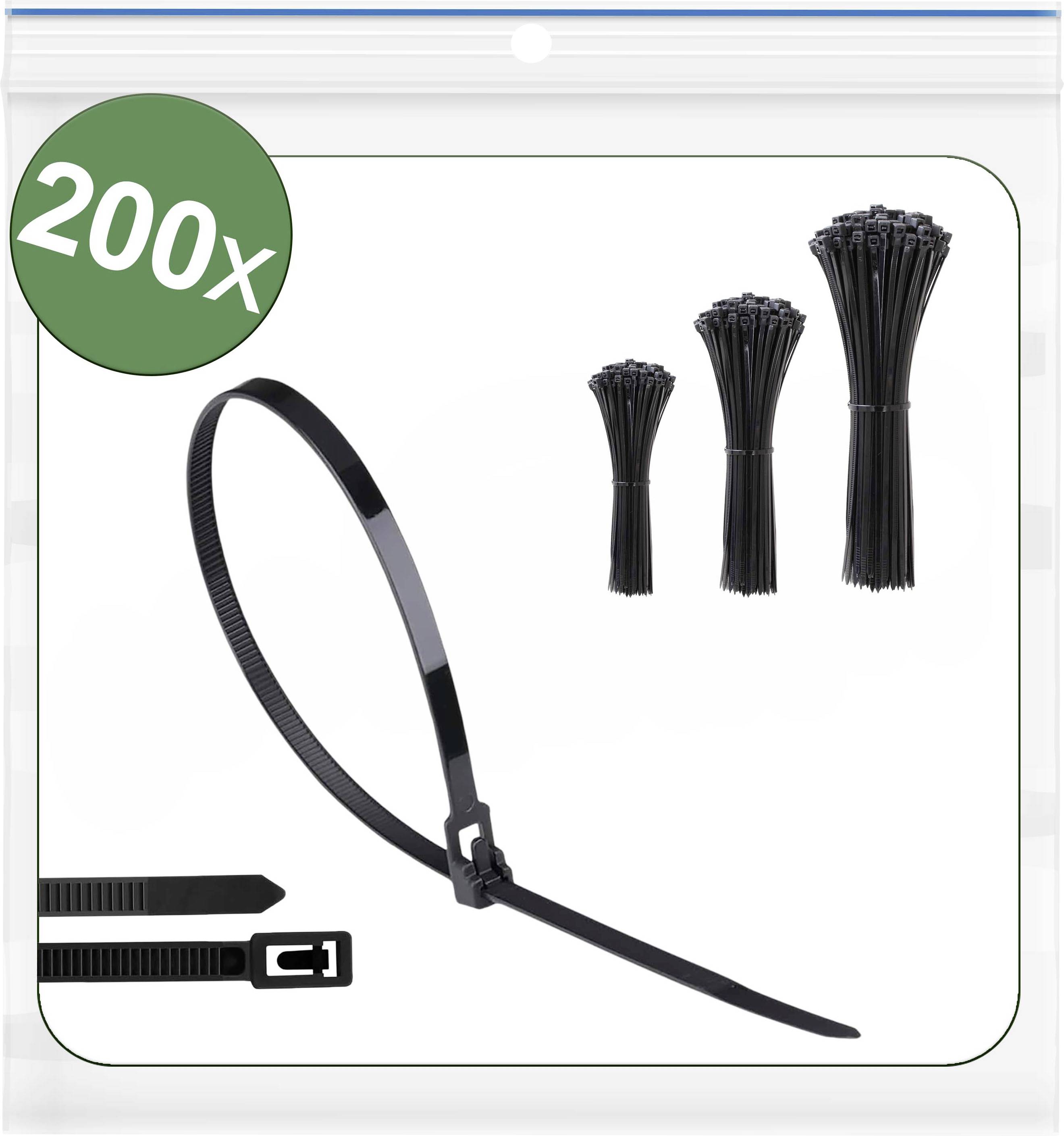 Un pacco contenente 200 fascette stringicavo nere di dimensioni variabili, disposte in piccoli gruppi raggruppati, con un focus sul loro meccanismo di bloccaggio sicuro.