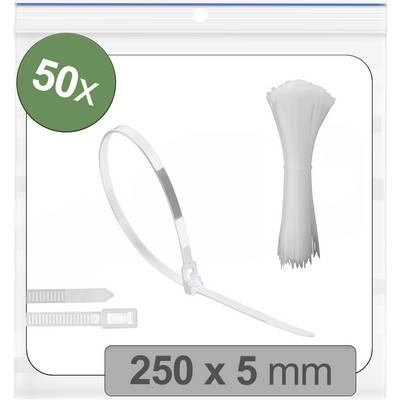 Confezione da '50x 250 x 5 mm' di fascette per cavi bianche confezionate in una busta richiudibile, con una fascetta allacciata ad anello e un mazzo di fascette accanto.