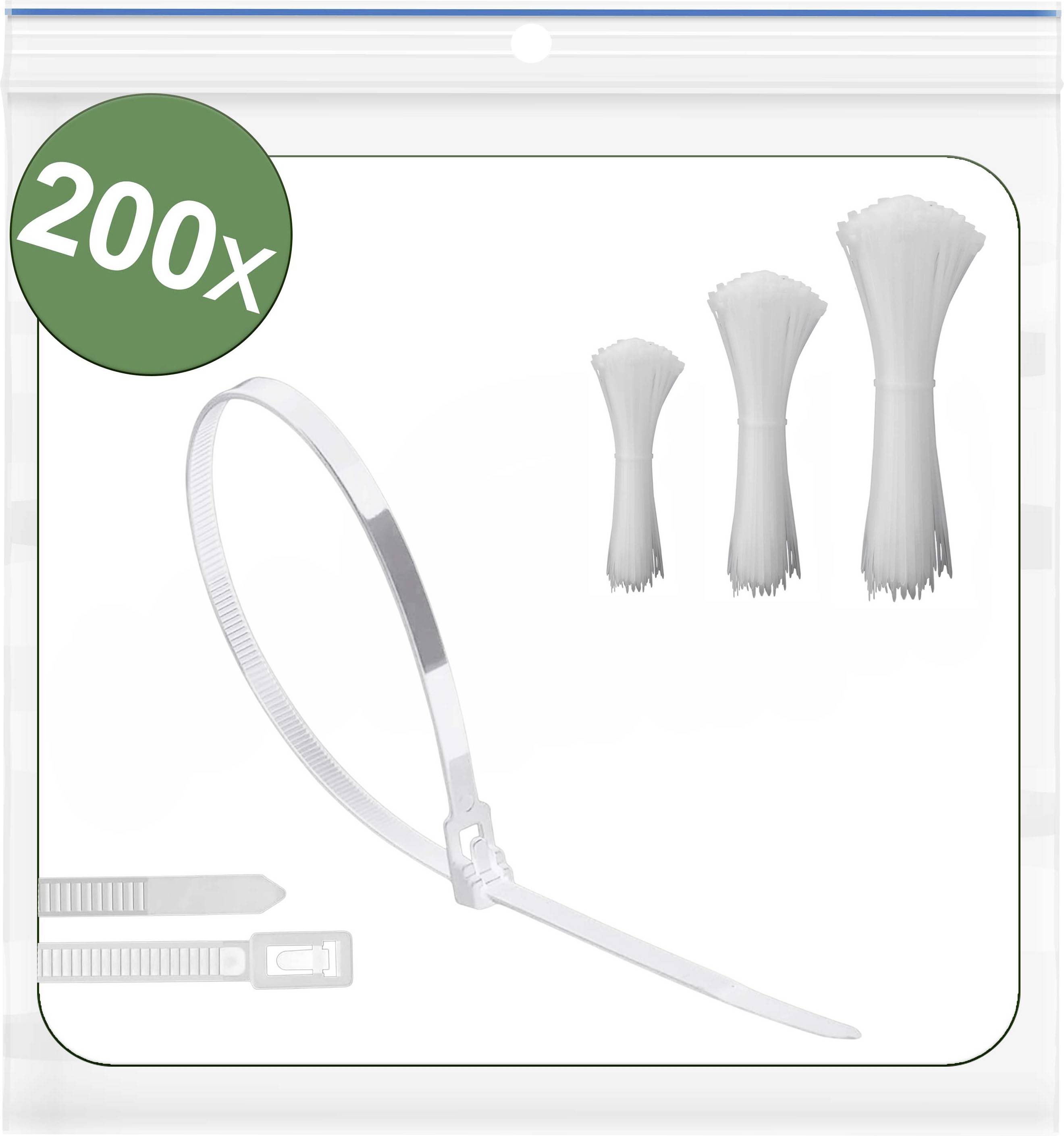 "200x fascette stringicavo in nylon bianco" mostrate in un sacchetto di plastica trasparente. Tre mazzi di fascette sono disposti in pile sul lato destro.
