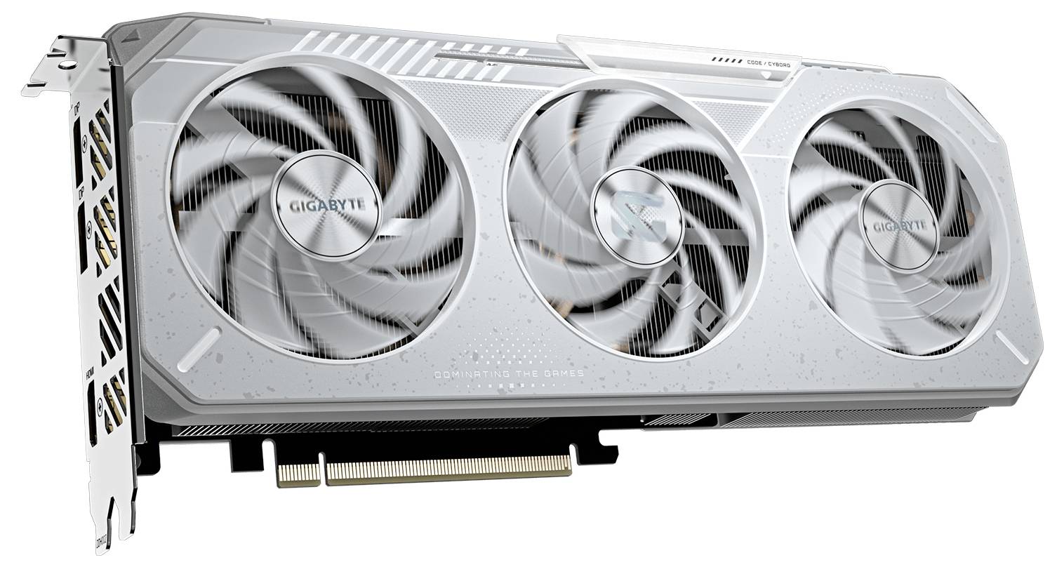 Una scheda grafica argentata con tre grandi ventole di raffreddamento, con etichetta 'GIGABYTE', e un connettore PCIe visibile nella parte inferiore.