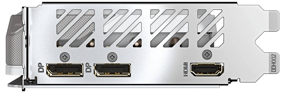 L'immagine mostra una scheda grafica con una backplate che presenta due porte DisplayPort e una porta HDMI, progettata per collegare dispositivi di output video.